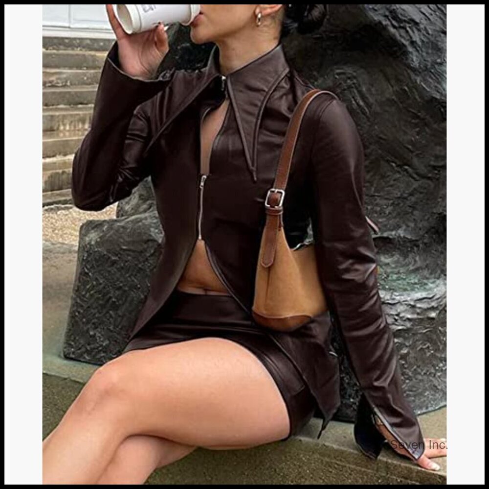 Faux Leather Skirt Co-Ords Set with Hollow Out Cardigan Jacket - Picture 5 of 6